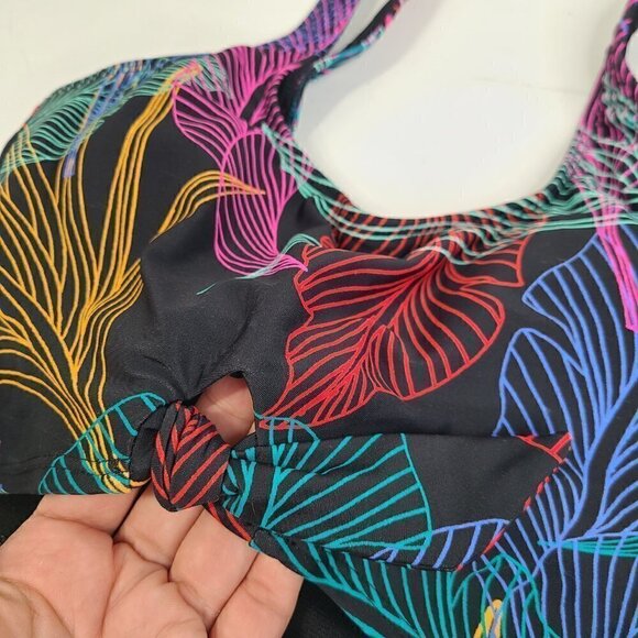 NWT Sandflower Black Neon Multicolor Leaf Front Knot Sleeveless Swim Tank Top - Picture 2 of 6